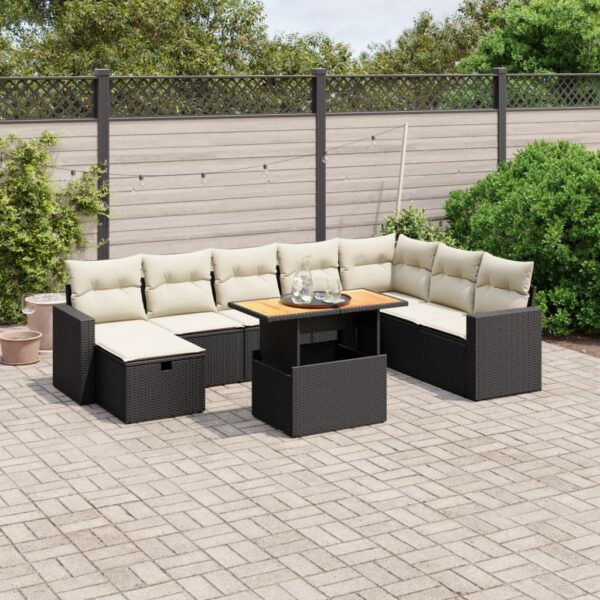 9-delige Loungeset met kussens poly rattan zwart