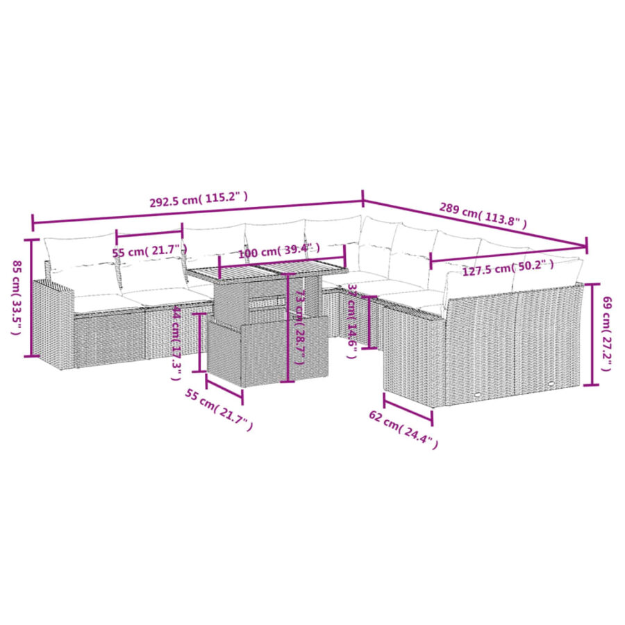 11-delige Tuinset met kussens poly rattan beige - Afbeelding 3