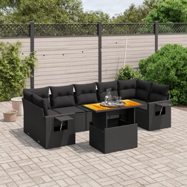 8-delige Loungeset met kussens poly rattan zwart