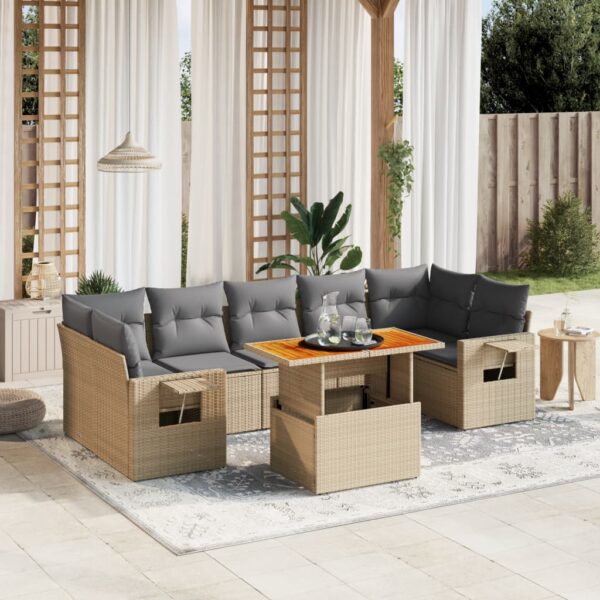 8-delige Loungeset met kussens poly rattan beige