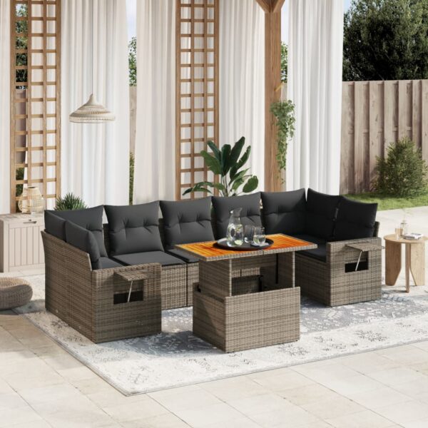 8-delige Loungeset met kussens poly rattan grijs