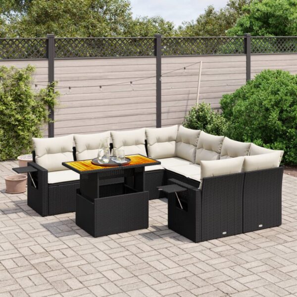 9-delige Loungeset met kussens poly rattan zwart