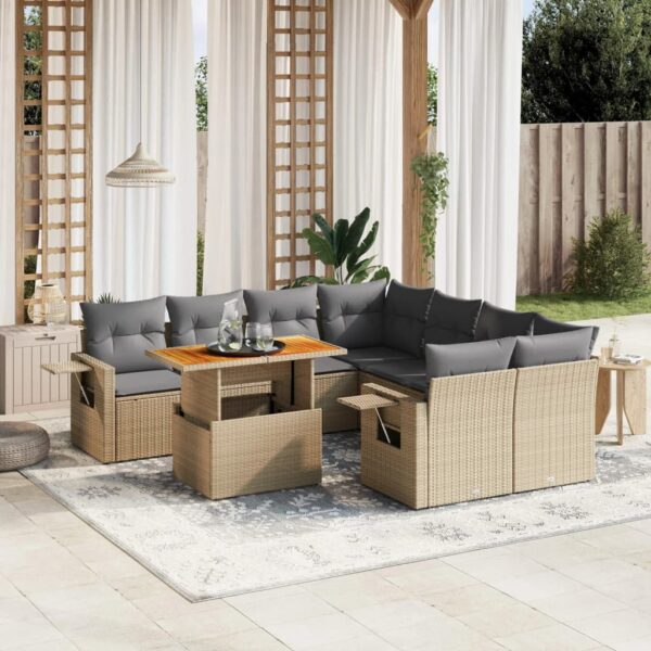 9-delige Loungeset met kussens poly rattan beige