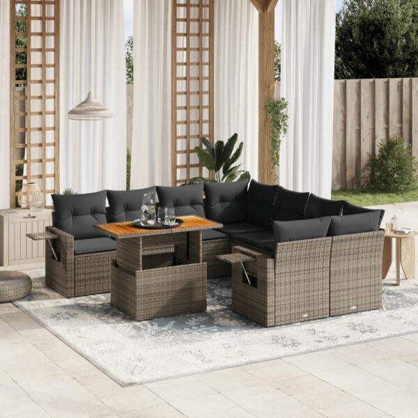 9-delige Loungeset met kussens poly rattan grijs
