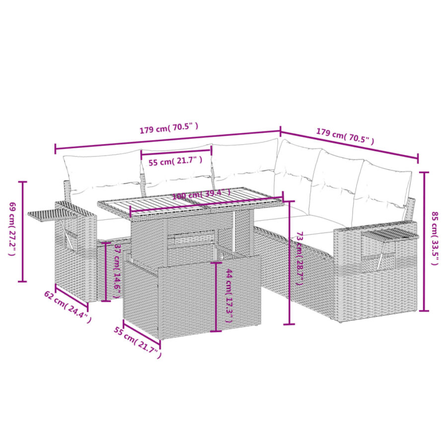 6-delige Loungeset met kussens poly rattan zwart - Afbeelding 3