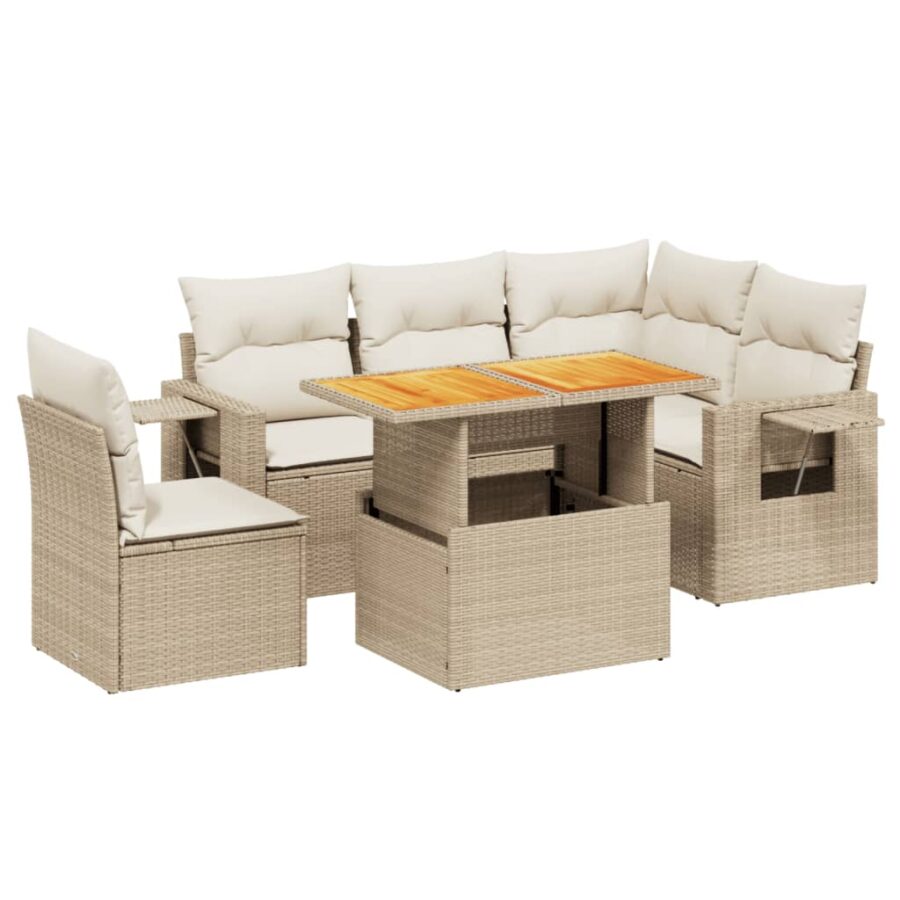 6-delige Loungeset met kussens poly rattan beige - Afbeelding 2