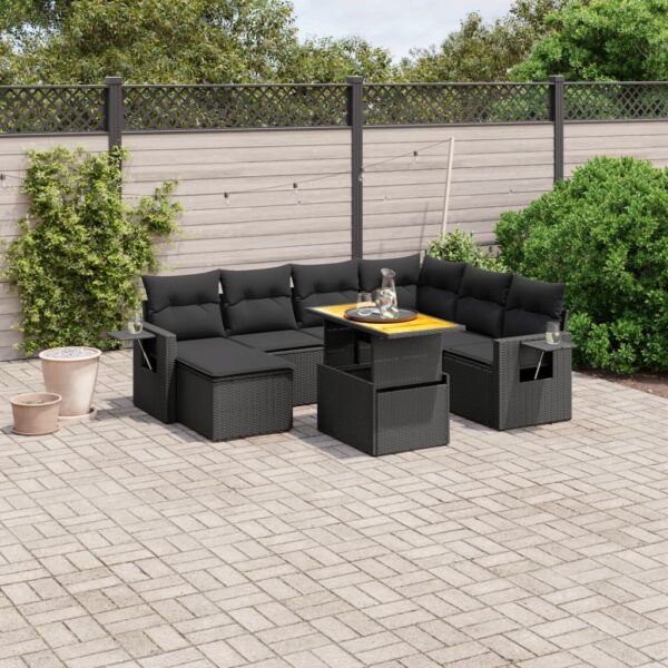 8-delige Loungeset met kussens poly rattan zwart