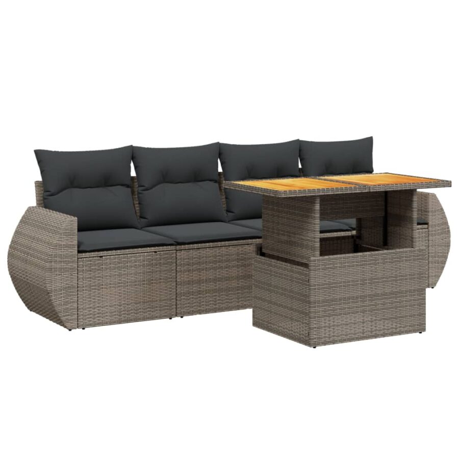 5-delige Loungeset met kussens poly rattan grijs - Afbeelding 2