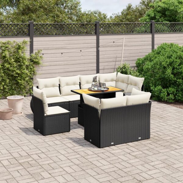 9-delige Loungeset met kussens poly rattan zwart