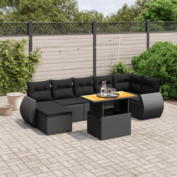 8-delige Loungeset met kussens poly rattan zwart