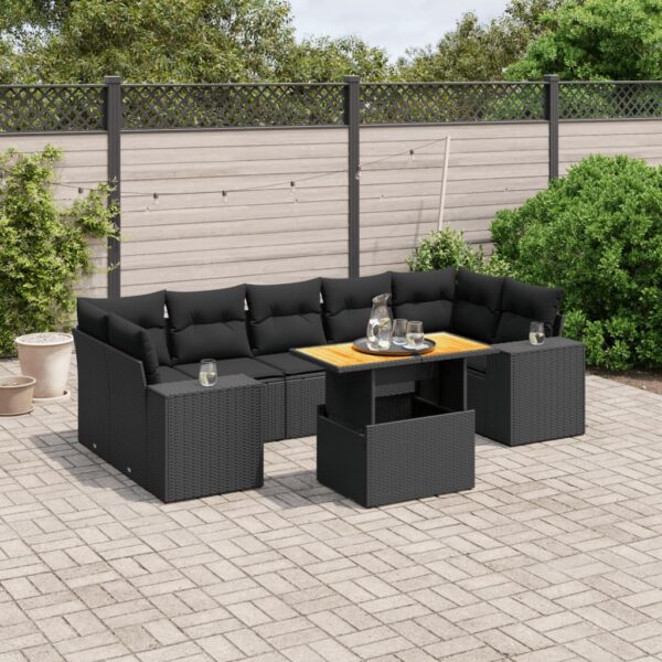 8-delige Loungeset met kussens poly rattan zwart