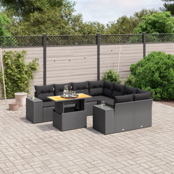 9-delige Loungeset met kussens poly rattan zwart