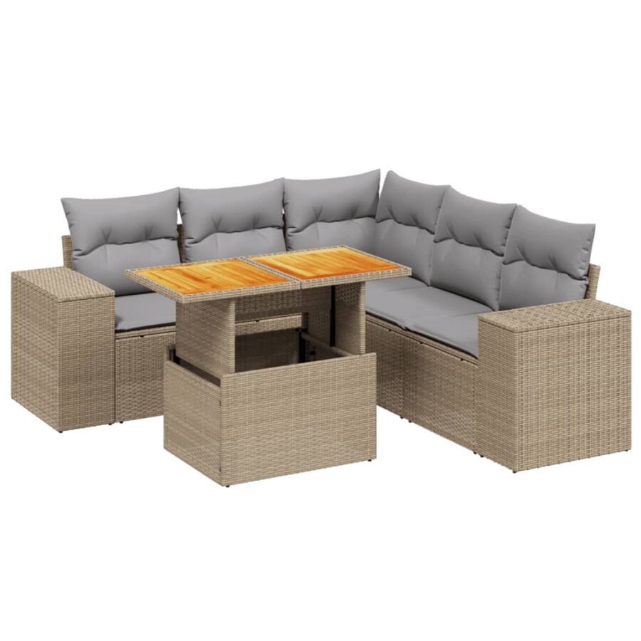 6-delige Loungeset met kussens poly rattan beige - Afbeelding 2