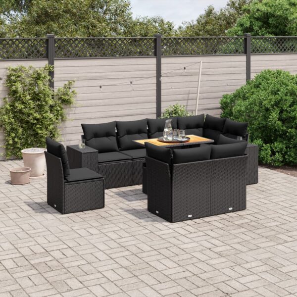 9-delige Loungeset met kussens poly rattan zwart