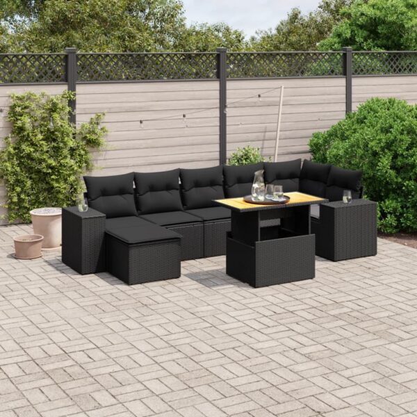 8-delige Loungeset met kussens poly rattan zwart