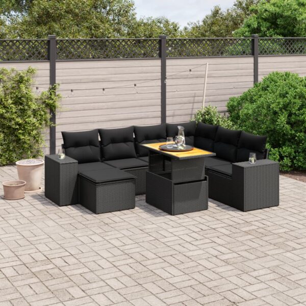 8-delige Loungeset met kussens poly rattan zwart