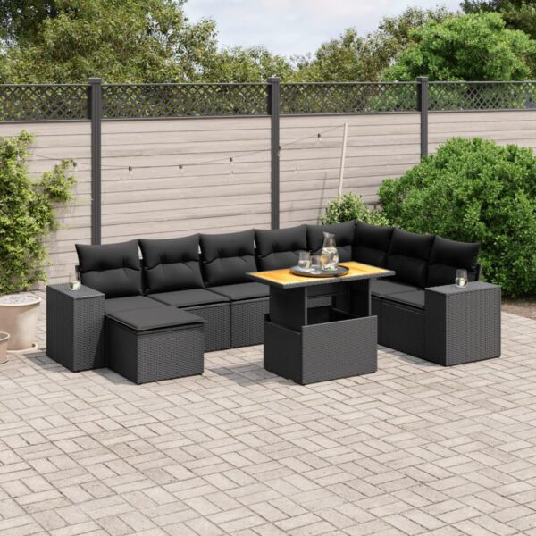 9-delige Loungeset met kussens poly rattan zwart