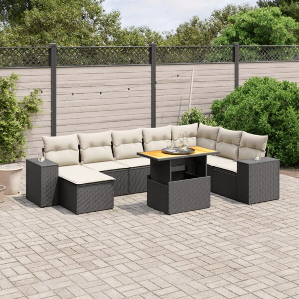 9-delige Loungeset met kussens poly rattan zwart