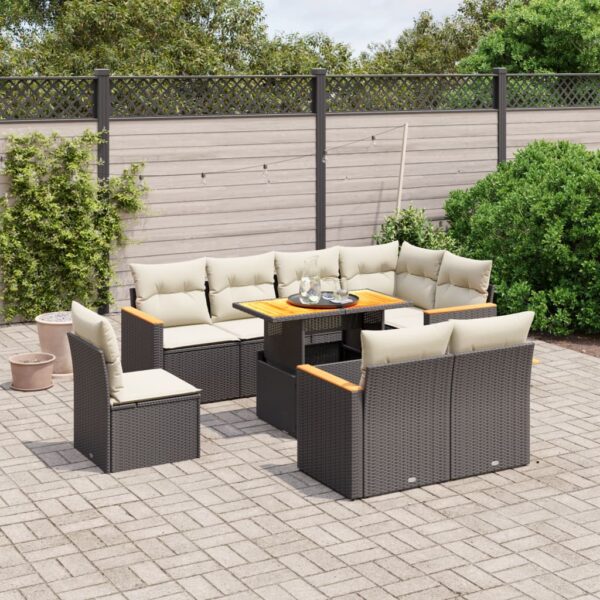 9-delige Loungeset met kussens poly rattan zwart