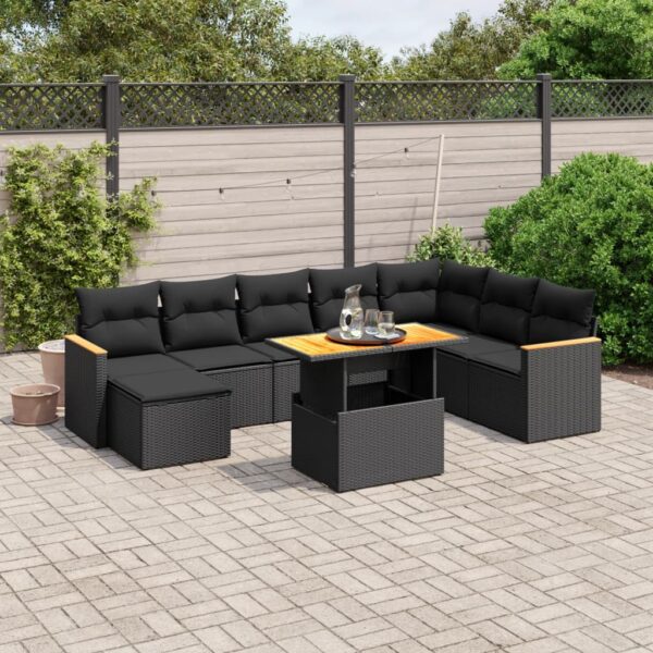 9-delige Loungeset met kussens poly rattan zwart