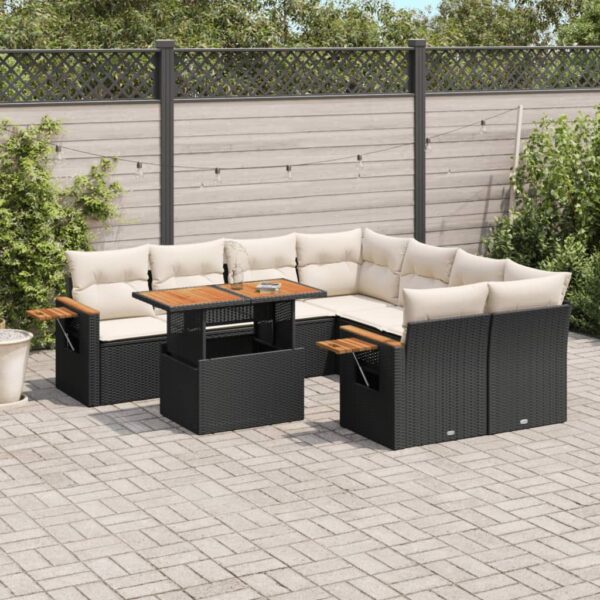 9-delige Loungeset met kussens poly rattan zwart