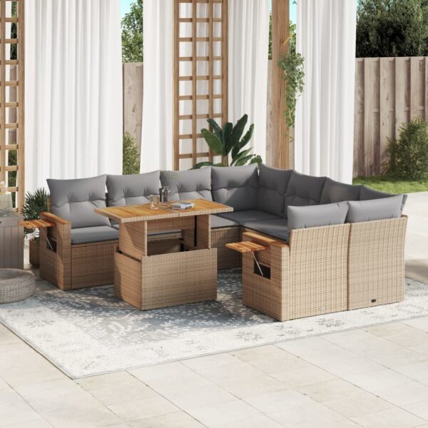 9-delige Loungeset met kussens poly rattan beige