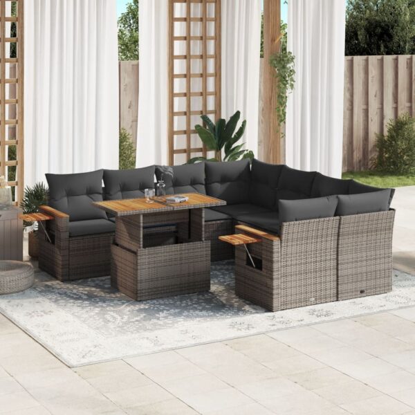 9-delige Loungeset met kussens poly rattan grijs