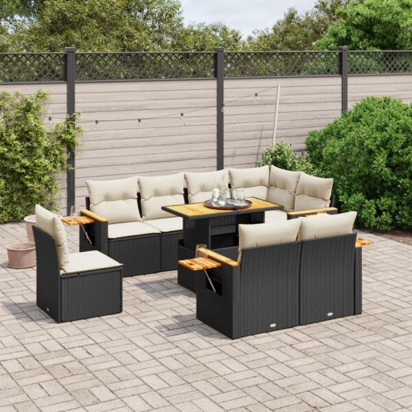 9-delige Loungeset met kussens poly rattan zwart