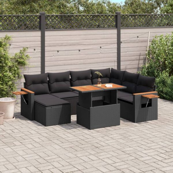 8-delige Loungeset met kussens poly rattan zwart