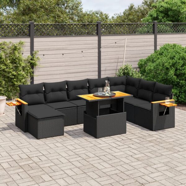 9-delige Loungeset met kussens poly rattan zwart
