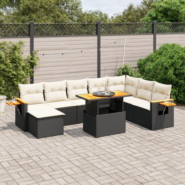 9-delige Loungeset met kussens poly rattan zwart