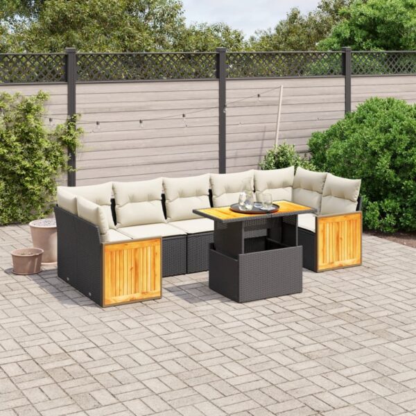 8-delige Loungeset met kussens poly rattan zwart