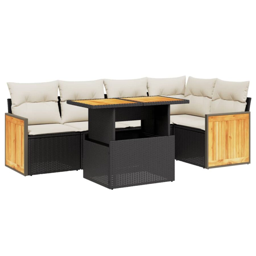 6-delige Loungeset met kussens poly rattan zwart - Afbeelding 2