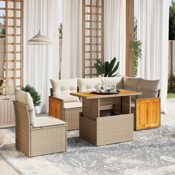6-delige Loungeset met kussens poly rattan beige