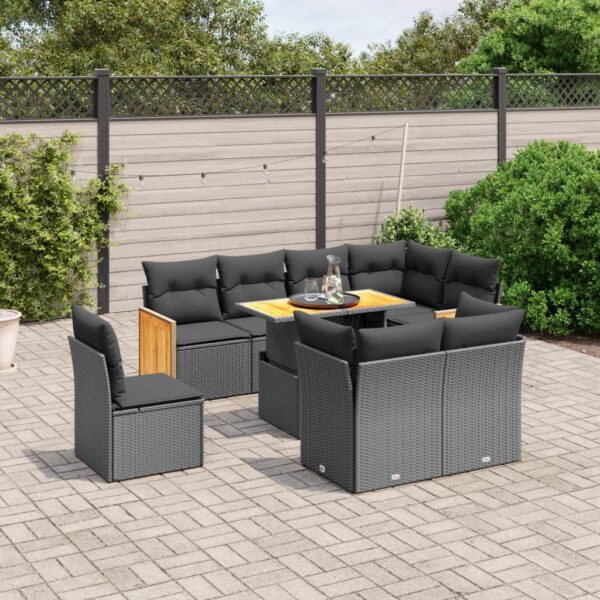 9-delige Loungeset met kussens poly rattan zwart
