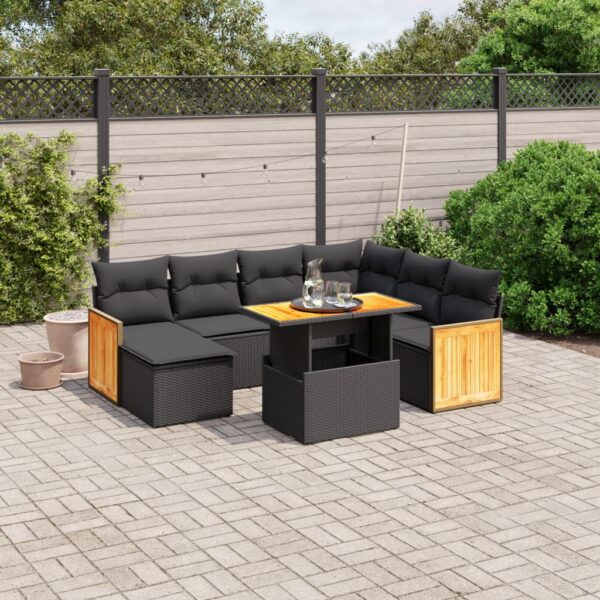 8-delige Loungeset met kussens poly rattan zwart