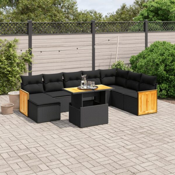 9-delige Loungeset met kussens poly rattan zwart