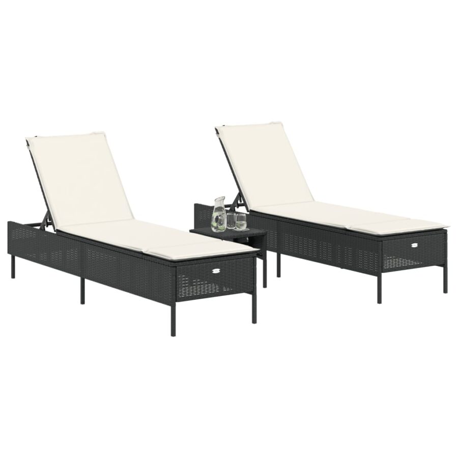 3-delige Ligbeddenset met kussens poly rattan zwart - Afbeelding 3