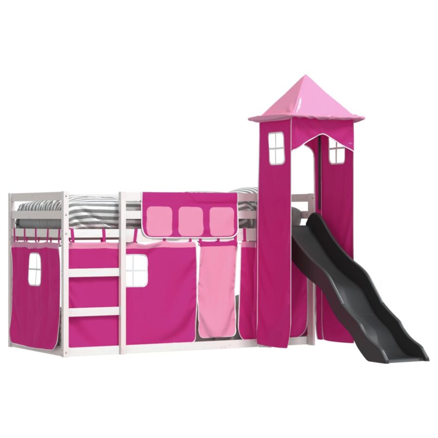 Stapelbed met glijbaan en gordijnen roze 90x200 cm - Afbeelding 4