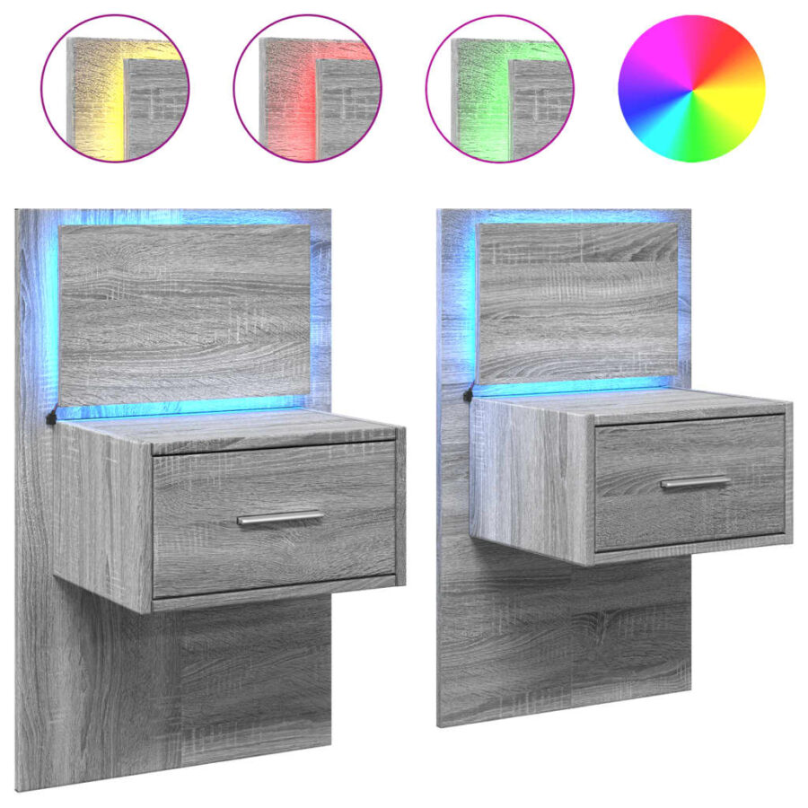 Nachtkastjes met LED's 2 st wandgemonteerd grijs sonoma eiken - Afbeelding 2