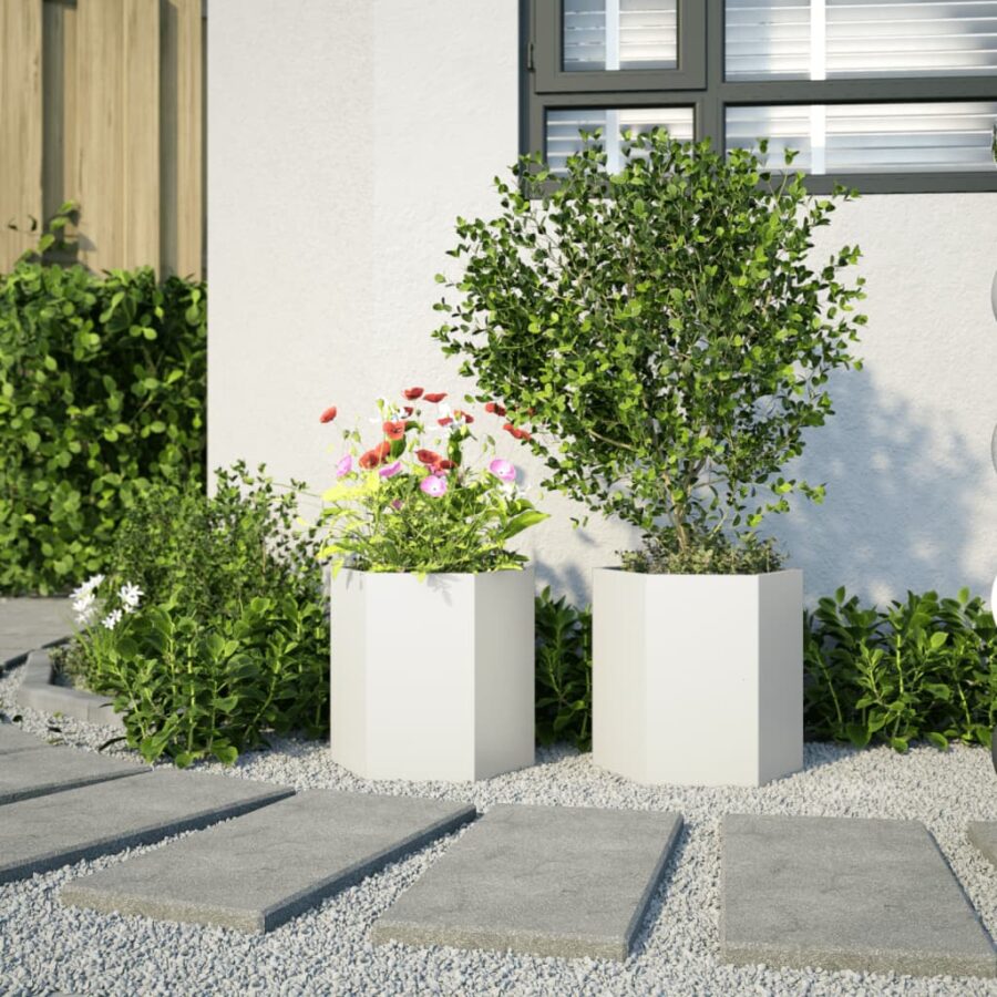 Plantenbakken 2 st zeshoek 46x40x45 cm staal wit - Afbeelding 3