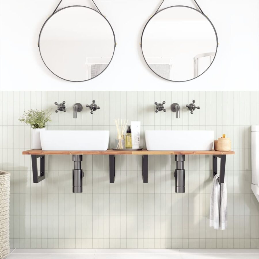 Badkamer wandschap staal en massief acaciahout - Afbeelding 3