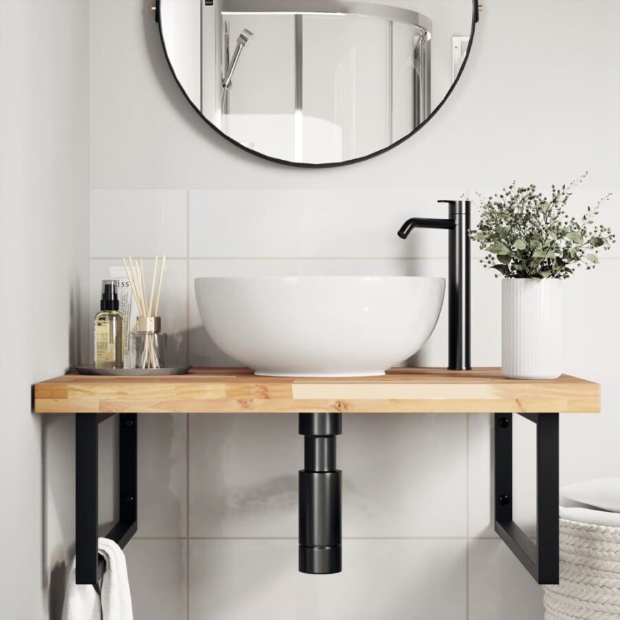 Badkamer wandschap staal en massief acaciahout - Afbeelding 3