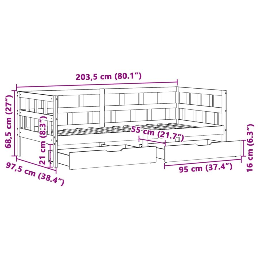 Slaapbank met lades zonder matras 90x200 cm hout wasbruin - Afbeelding 12