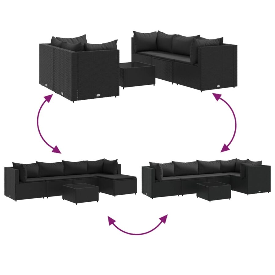 6-delige Loungeset met kussens poly rattan zwart - Afbeelding 6
