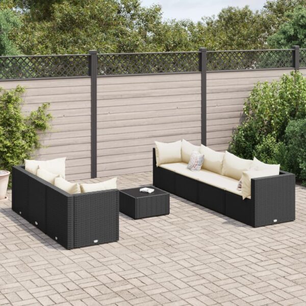 8-delige Loungeset met kussens poly rattan zwart