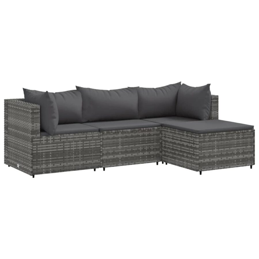4-delige Loungeset met kussens poly rattan grijs - Afbeelding 2