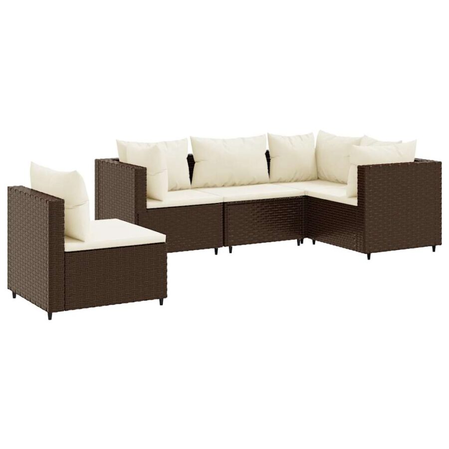 5-delige Loungeset met kussens poly rattan bruin - Afbeelding 2