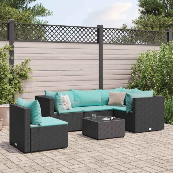 6-delige Loungeset met kussens poly rattan zwart