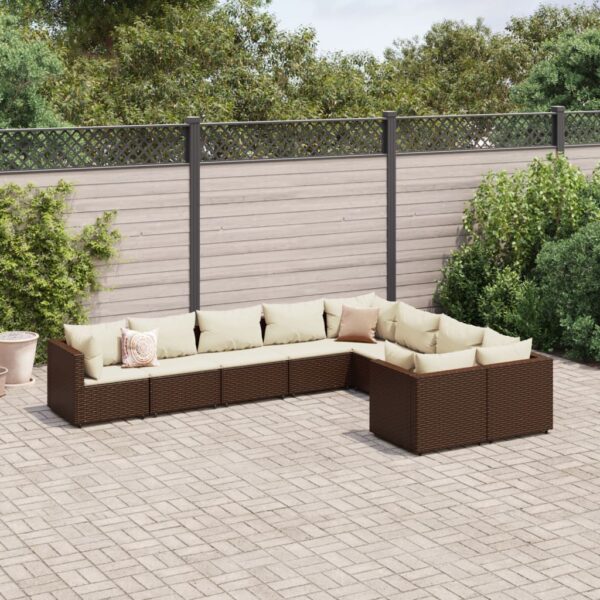 9-delige Loungeset met kussens poly rattan bruin